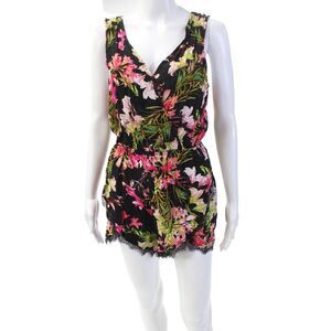 Lovers + Friends Womens Textured V-neck Sleeveless Floral Romper Black Size S